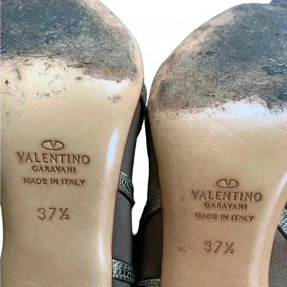 Valentino Garavani Size EU 37.5 Brown Satin Peep Toe Heels with Silver Trim - Picture 10 of 12